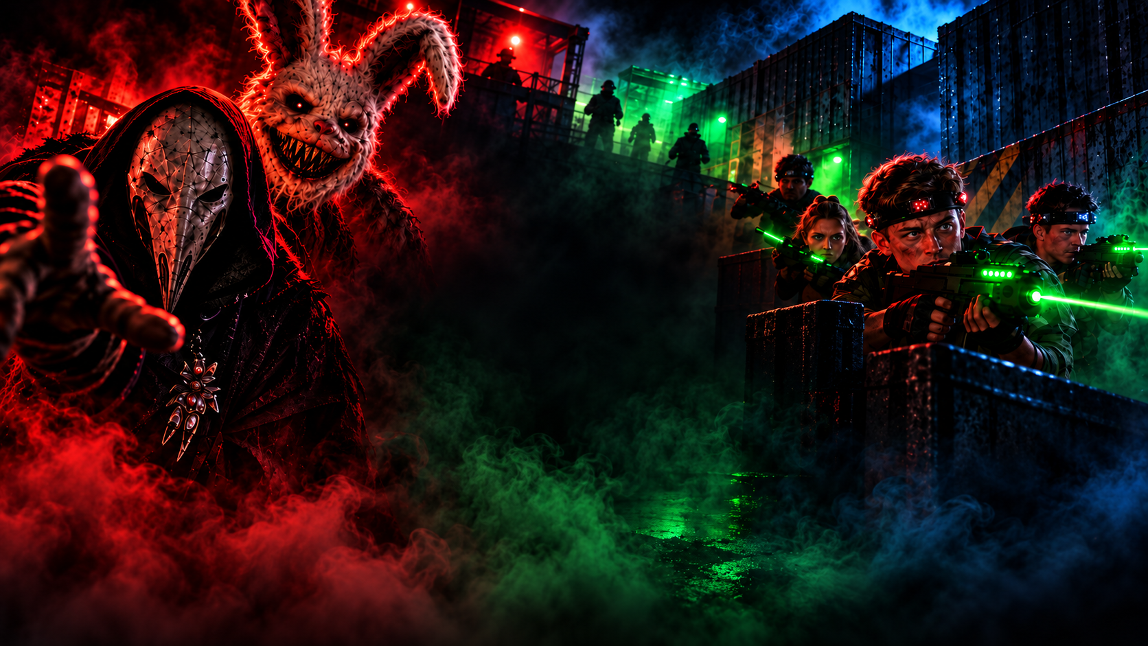 Spelers met lasergame-uitrusting worden in een donkere Halloween-arena opgejaagd door monsteracteurs